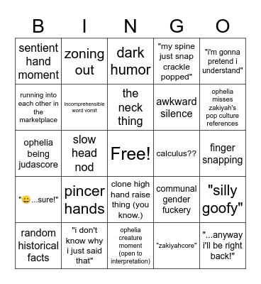 Zakiyah and Ophelia Shot Moments Bingo Card