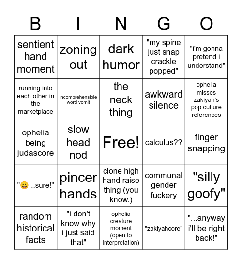 Zakiyah and Ophelia Shot Moments Bingo Card