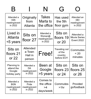 ERG Holiday Party BINGO Card