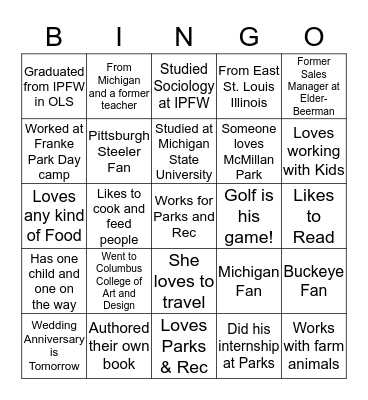 Recreation Staff Bingo Card
