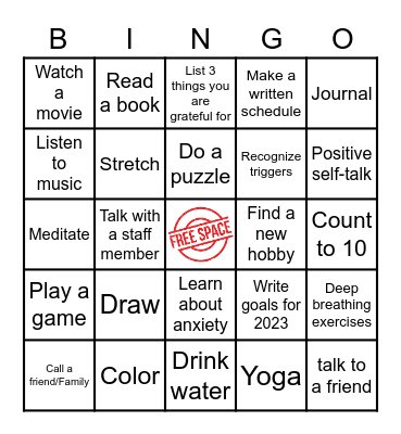 Calming Techniques/Free-time Activities Bingo Card
