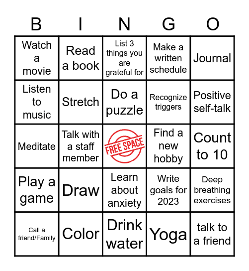 Calming Techniques/Free-time Activities Bingo Card