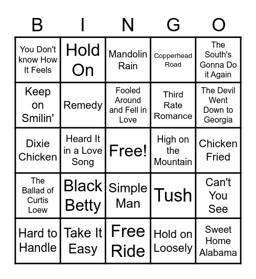 Round 2: Southern Rock Bingo Card