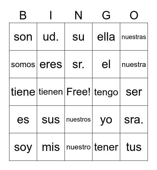 Verbs and Possesion Bingo Card