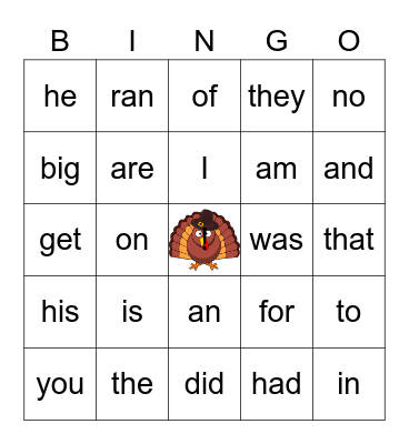 Turkey Sight Words Bingo Card