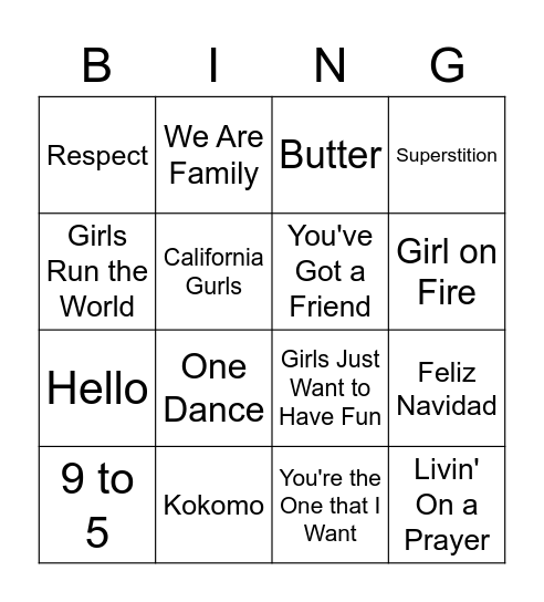 Match the song Bingo Card