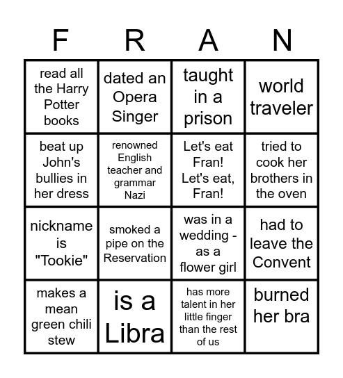 FRAN-O BINGO Card