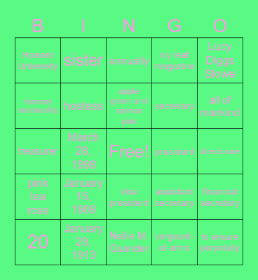 Rho Tau Bingo Card