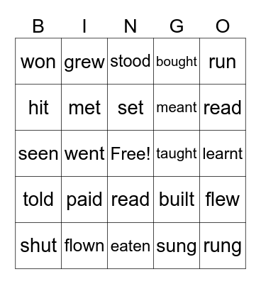 Irregular Verbs Bingo Card