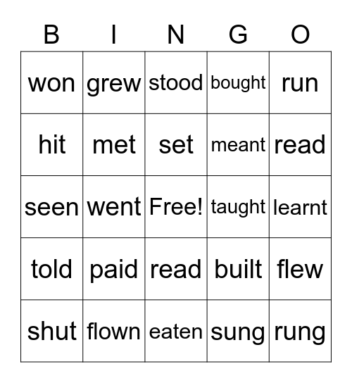 Irregular Verbs Bingo Card