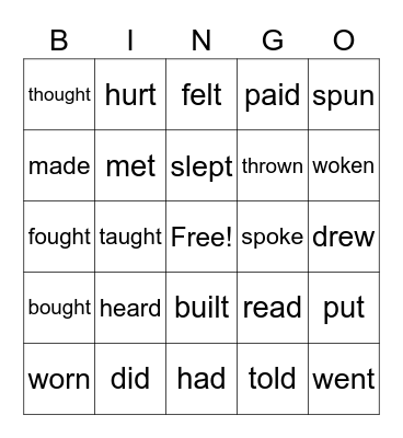 Irregular Verbs Bingo Card