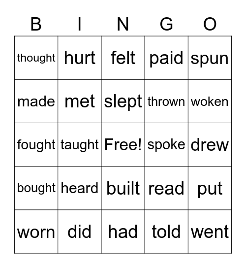 Irregular Verbs Bingo Card