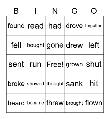 Irregular Verbs Bingo Card