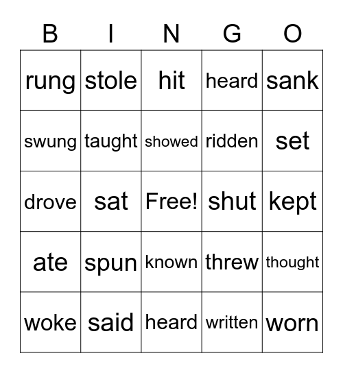 Irregular Verbs Bingo Card