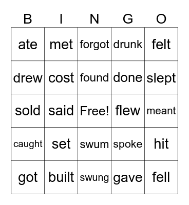 Irregular Verbs Bingo Card