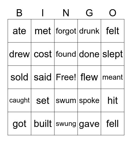 Irregular Verbs Bingo Card