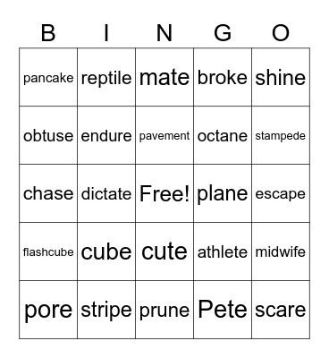 Silent e, vre, vc.vce Bingo Card