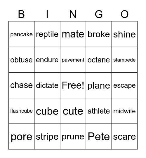 Silent e, vre, vc.vce Bingo Card