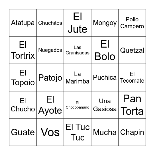 GUATEMALA Bingo Card