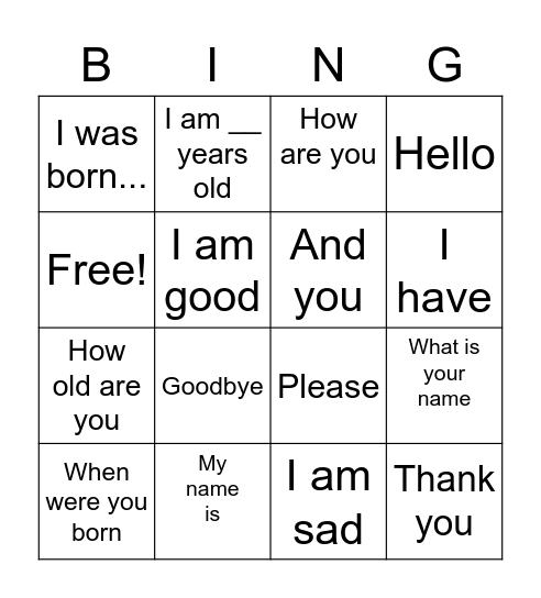 Introduction en Français Bingo Card