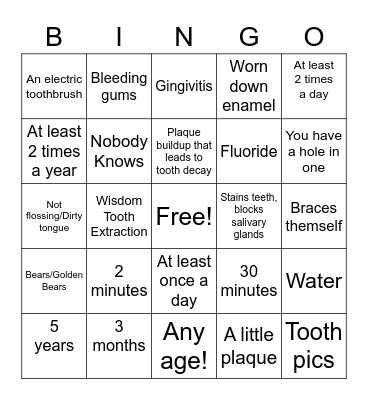 Dental Health Bingo Card