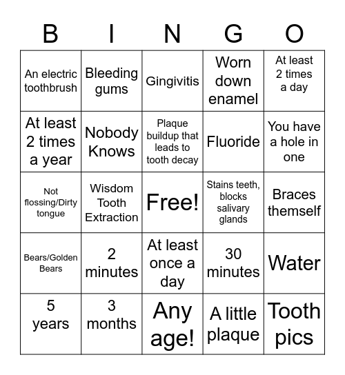 Dental Health Bingo Card