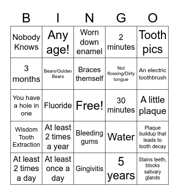 Dental Health Bingo Card