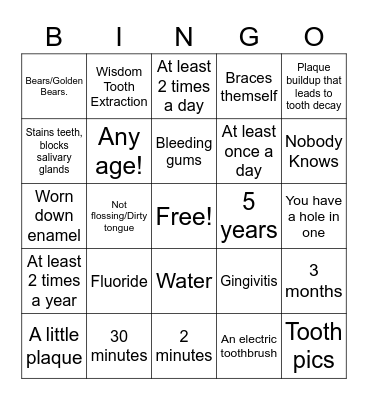 Dental Health Bingo Card