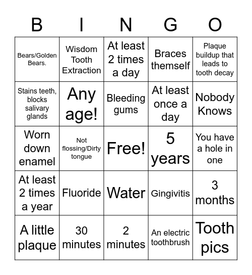 Dental Health Bingo Card