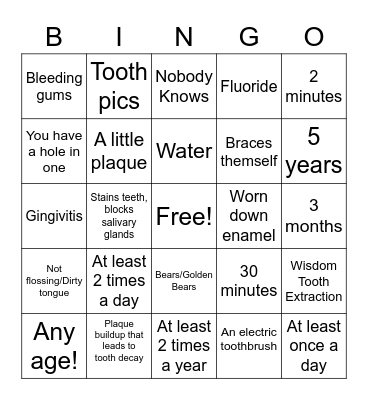 Dental Health Bingo Card