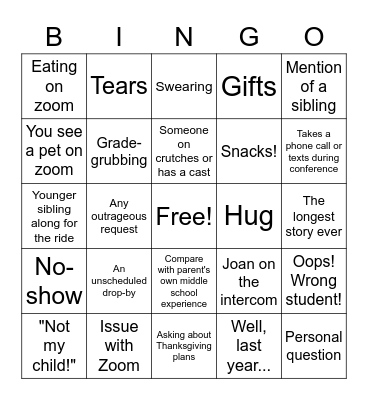 Parent Teacher Conferences 2022 Bingo Card