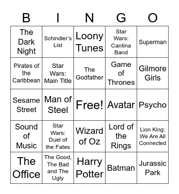 Film and TV Themes Bingo Card