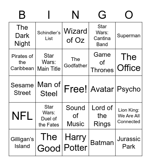 Film and TV Themes Bingo Card