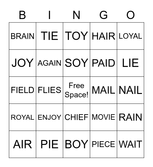'IE', 'AI', 'OY' SIGHT WORD BINGO Card