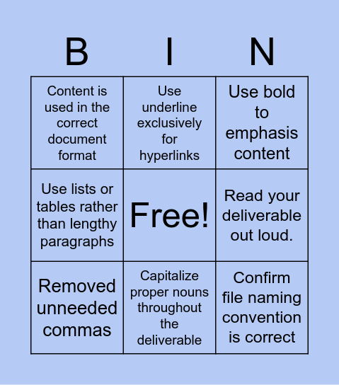 Deliverables BING! Bingo Card