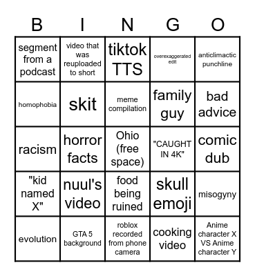 Youtube Shorts Bingo Card