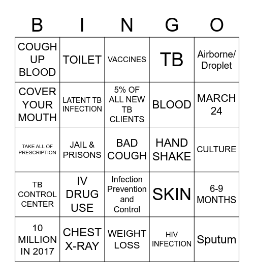 TUBERCULOSIS (TB) Bingo Card