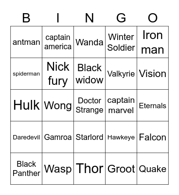 Marvel Heros Bingo Card