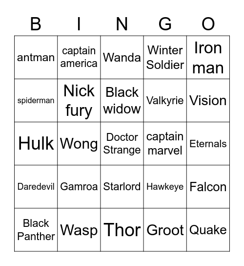 Marvel Heros Bingo Card