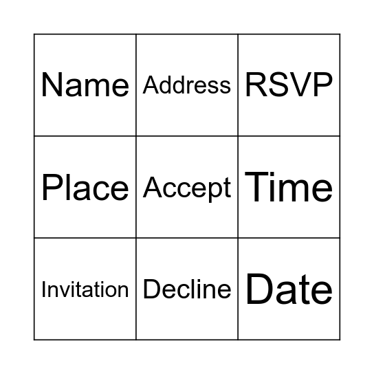 Invitation vocabulary Bingo Card