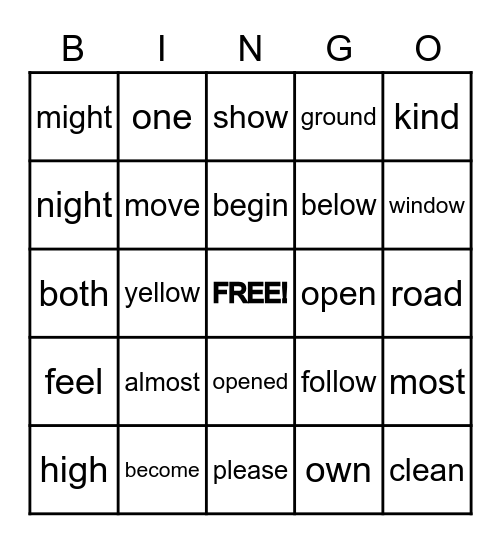 High Frequency Words Bingo Card
