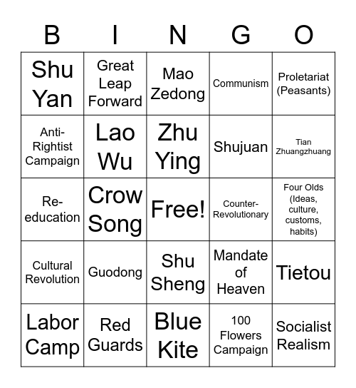 Chinese 110: Blue Kite Bingo Card