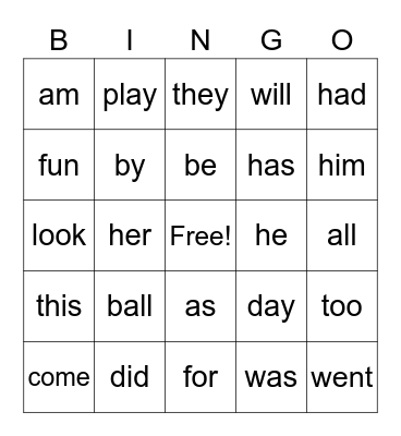 Snappy Word Bingo Card