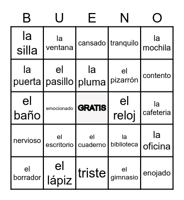 Español  Avencemos U2L2 classroom objects/places in school/ feelings Bingo Card