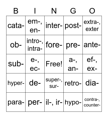 Vocab Prefixes Bingo Card