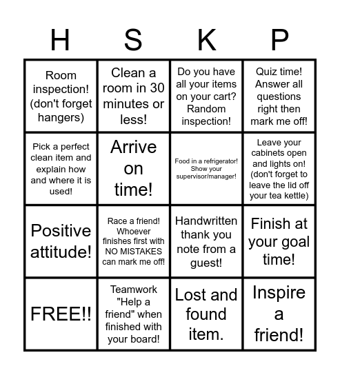 Housekeeping Bingo Card