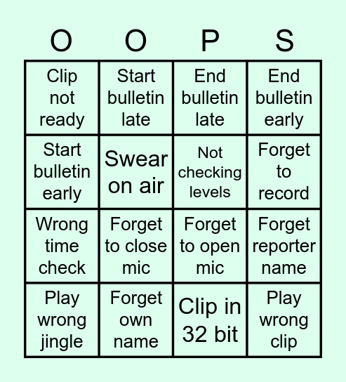 MA Radio Bulletin Mess-ups Bingo Card