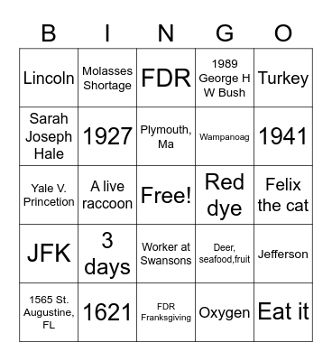 Thanksgiving Trivia Bingo Card