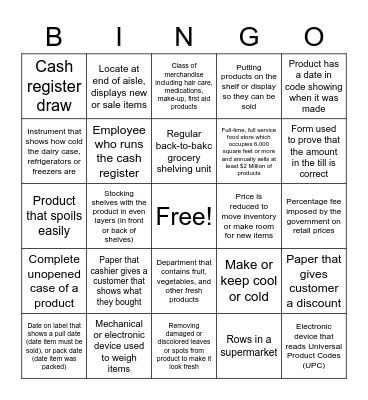 SUPERMARKET Call List Bingo Card