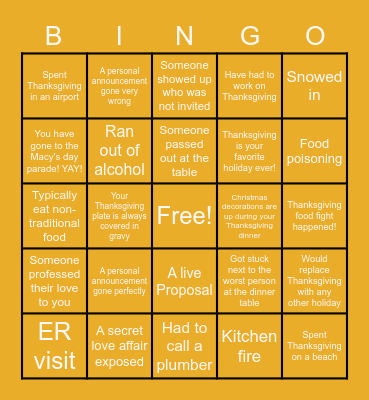 Thanksgiving Fiasco F U N Bingo Card